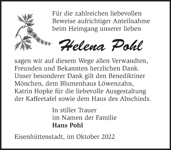 Traueranzeige von Helena Pohl von Märkische Oderzeitung