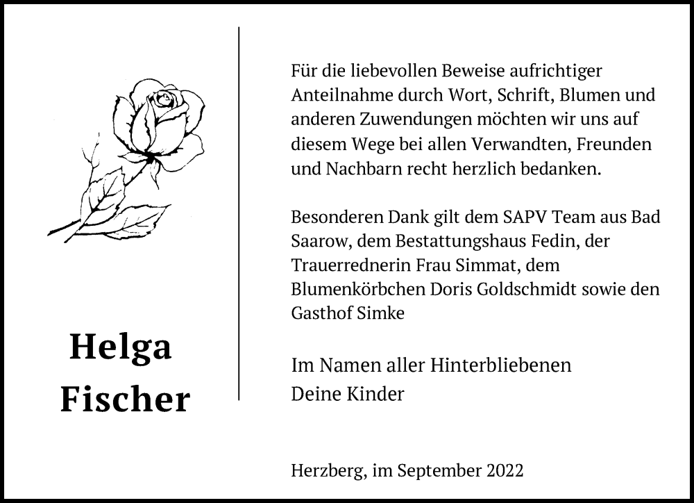  Traueranzeige für Helga Fischer vom 12.10.2022 aus Märkische Oderzeitung