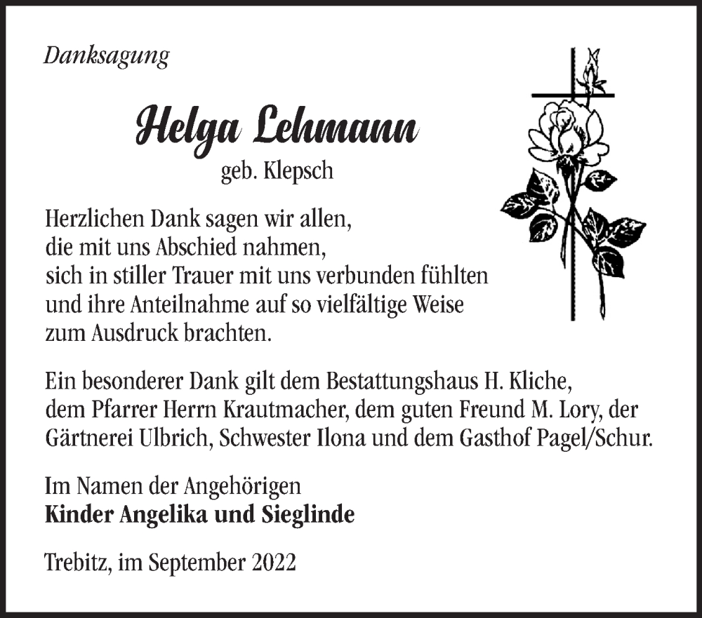  Traueranzeige für Helga Lehmann vom 15.10.2022 aus Märkische Oderzeitung