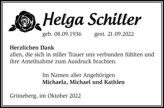 Traueranzeige von Helga Schiller von Märkische Oderzeitung