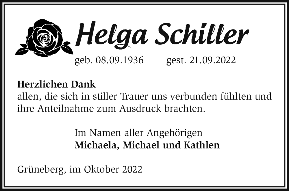  Traueranzeige für Helga Schiller vom 15.10.2022 aus Märkische Oderzeitung