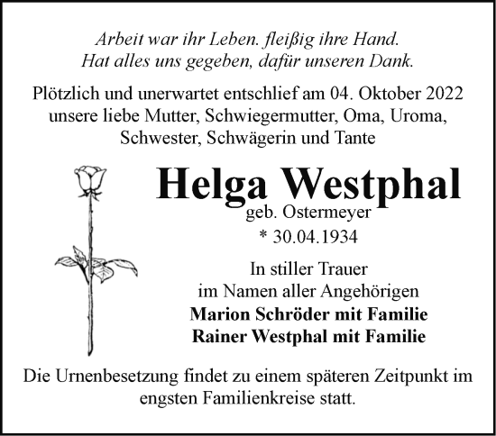 Traueranzeige von Helga Westphal von Märkische Oderzeitung