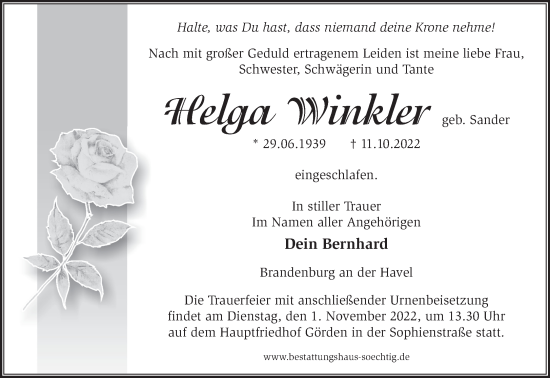 Traueranzeige von Helga Winkler von Märkische Oderzeitung