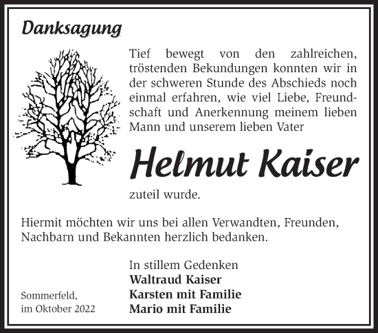 Traueranzeige von Helmut Kaiser von Märkische Oderzeitung