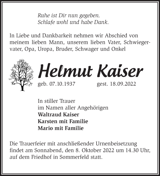 Traueranzeige von Helmut Kaiser von Märkische Oderzeitung