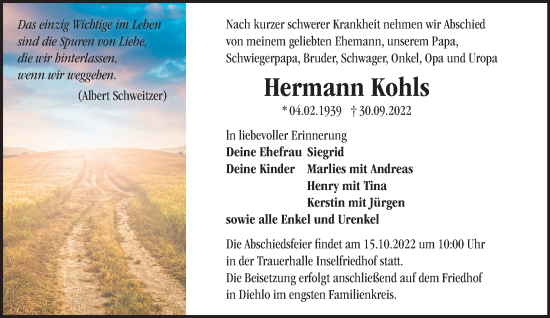 Traueranzeige von Hermann Kohls von Märkische Oderzeitung