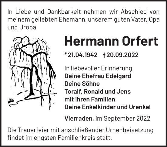 Traueranzeige von Hermann Orfert von Märkische Oderzeitung