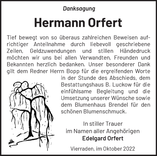 Traueranzeige von Hermann Orfert von Märkische Oderzeitung