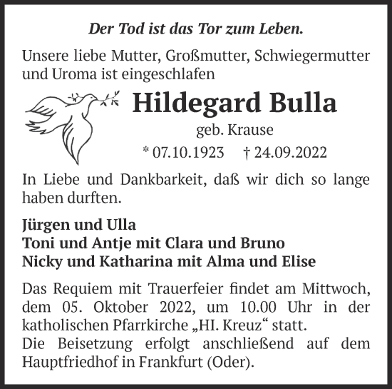 Traueranzeige von Hildegard Bulla von Märkische Oderzeitung
