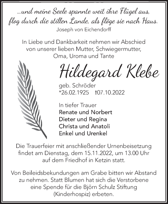 Traueranzeige von Hildegard Klebe von Märkische Oderzeitung