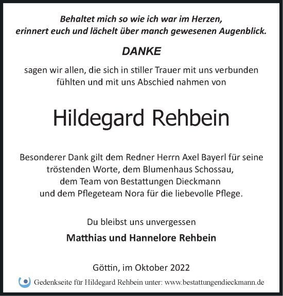 Traueranzeige von Hildegard Rehbein von Märkische Oderzeitung