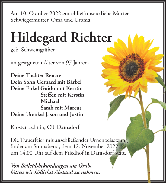 Traueranzeige von Hildegard Richter von Märkische Oderzeitung