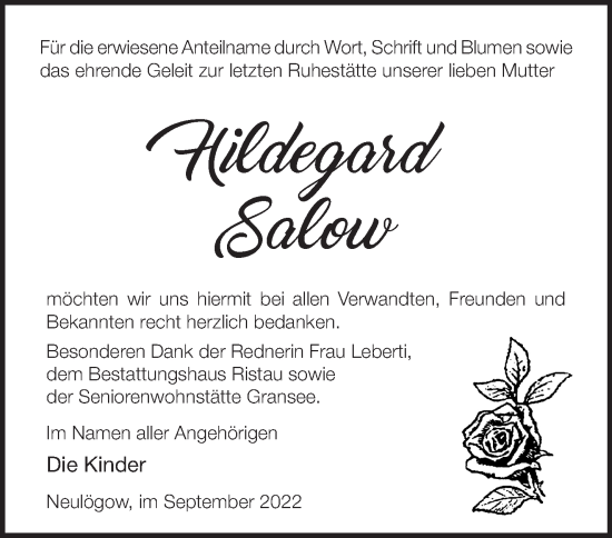 Traueranzeige von Hildegard Salow von Märkische Oderzeitung