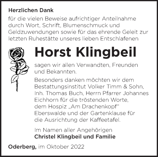 Traueranzeige von Horst Klingbeil von Märkische Oderzeitung