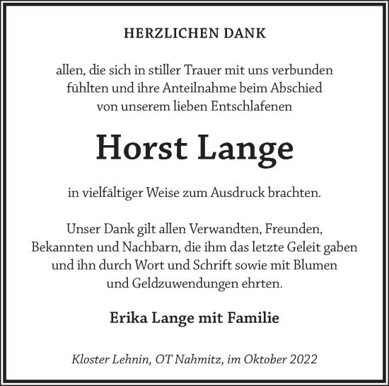 Traueranzeige von Horst Lange von Märkische Oderzeitung