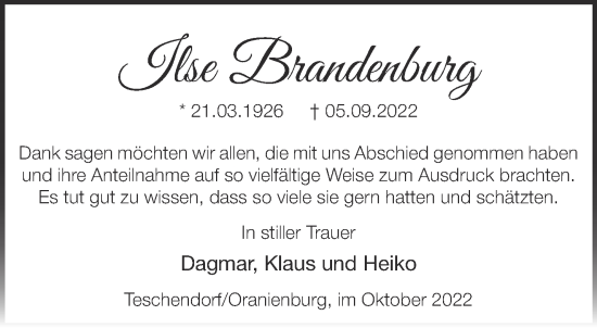 Traueranzeige von Ilse Brandenburg von Märkische Oderzeitung