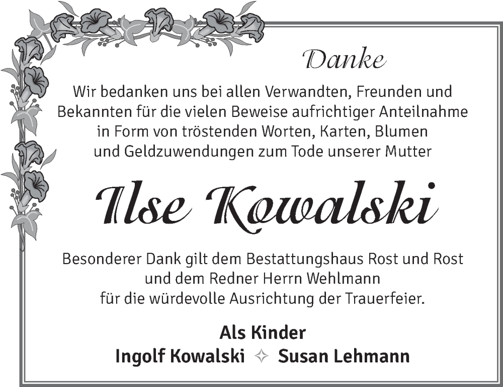  Traueranzeige für Ilse Kowalski vom 29.10.2022 aus Märkische Oderzeitung