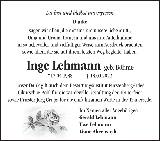 Traueranzeige von Inge Lehmann von Märkische Oderzeitung