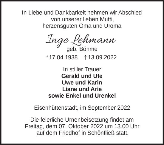 Traueranzeige von Inge Lehmann von Märkische Oderzeitung