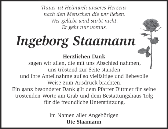 Traueranzeige von Ingeborg Staamann von Märkische Oderzeitung