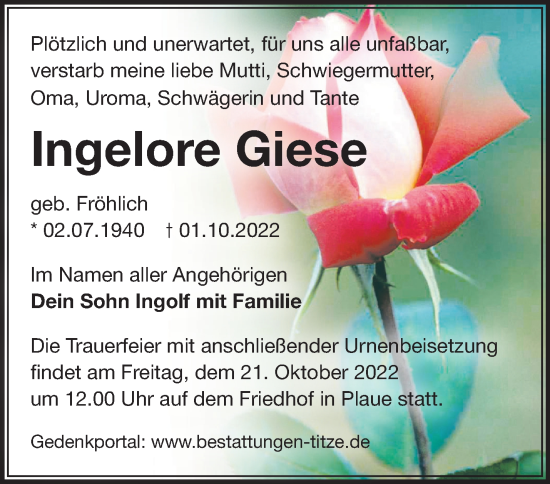 Traueranzeige von Ingelore Giese von Märkische Oderzeitung