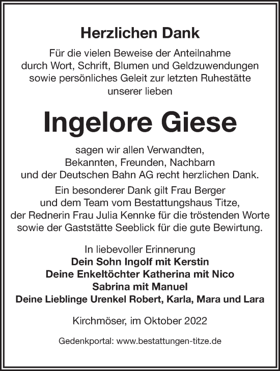 Traueranzeige von Ingelore Giese von Märkische Oderzeitung