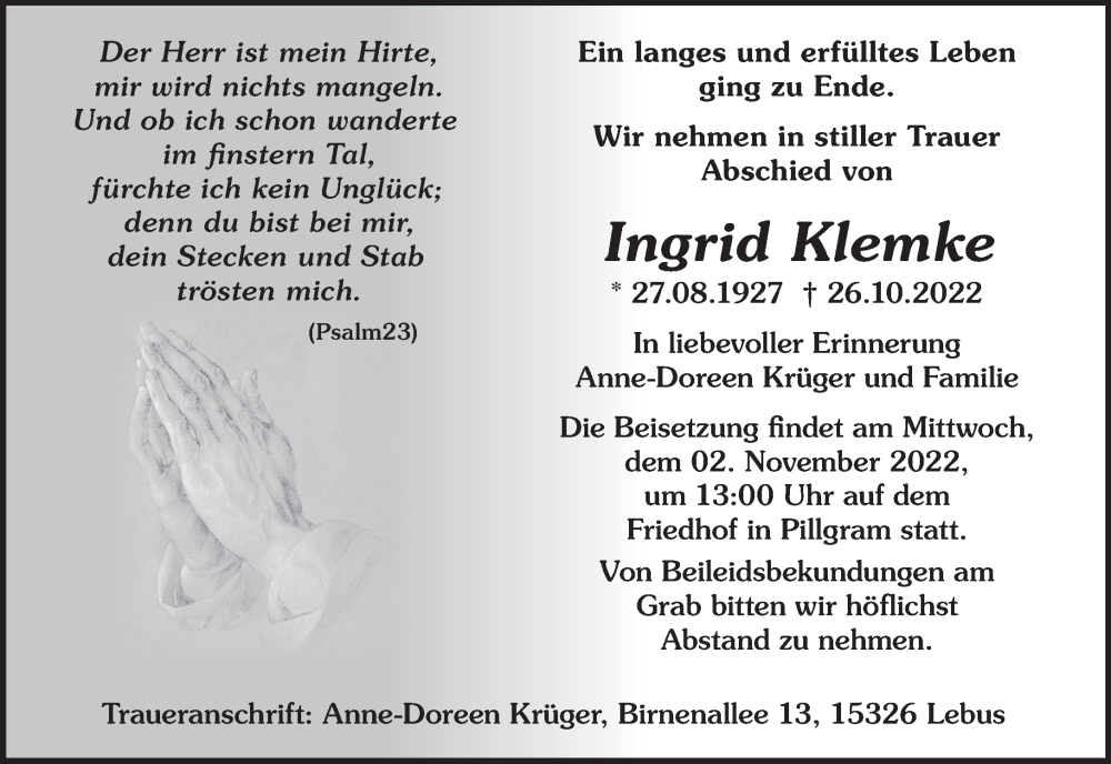  Traueranzeige für Ingrid Klemke vom 29.10.2022 aus Märkische Oderzeitung