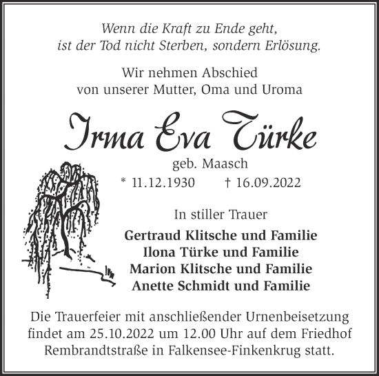 Traueranzeige von Irma Eva Türke von Märkische Oderzeitung