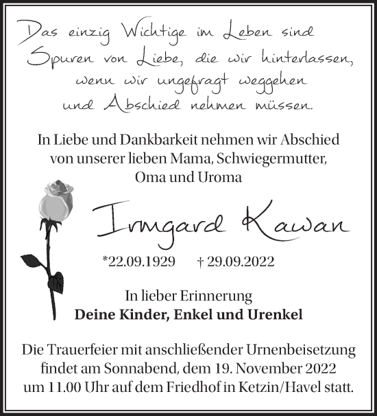 Traueranzeige von Irmgard Kawan von Märkische Oderzeitung