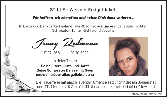 Traueranzeige von Jenny Redmann von Märkische Oderzeitung