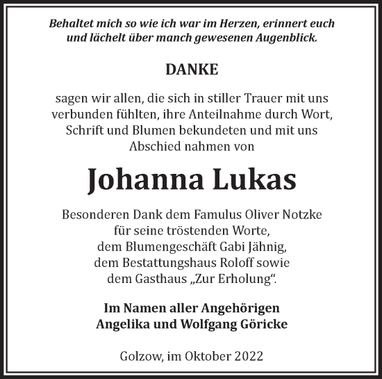 Traueranzeige von Johanna Lukas von Märkische Oderzeitung