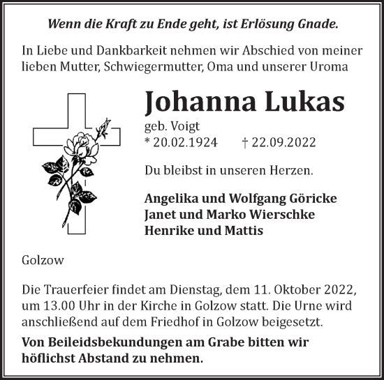 Traueranzeige von Johanna Lukas von Märkische Oderzeitung