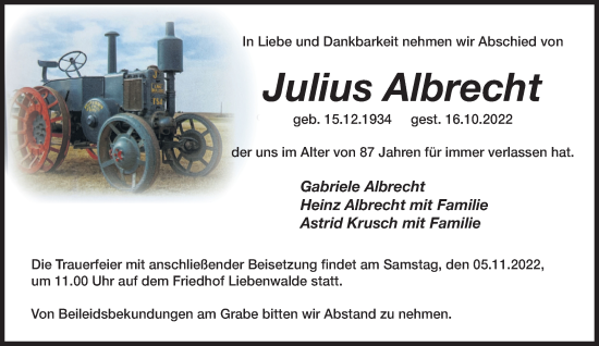 Traueranzeige von Julius Albrecht von Märkische Oderzeitung