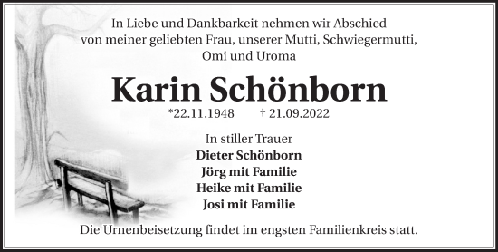 Traueranzeige von Karin Schönborn von Märkische Oderzeitung