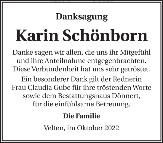 Traueranzeige von Karin Schönborn von Märkische Oderzeitung