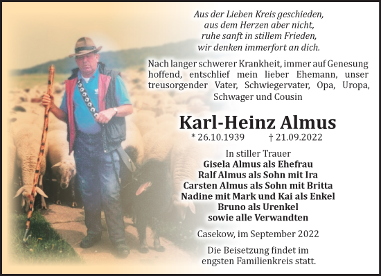 Traueranzeige von Karl-Heinz Almus von Märkische Oderzeitung