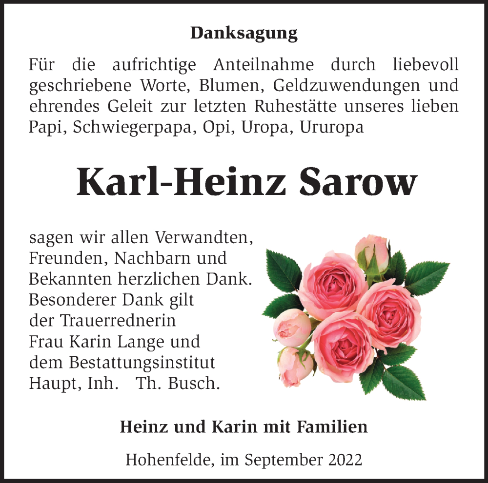  Traueranzeige für Karl-Heinz Sarow vom 06.10.2022 aus Märkische Oderzeitung