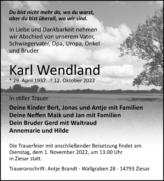 Traueranzeige von Karl Wendland von Märkische Oderzeitung