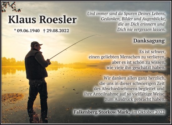 Traueranzeige von Klaus Roesler von Märkische Oderzeitung