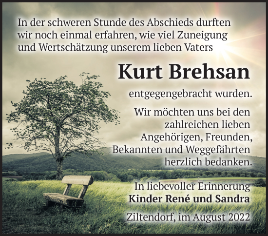 Traueranzeige von Kurt Brehsan von Märkische Oderzeitung