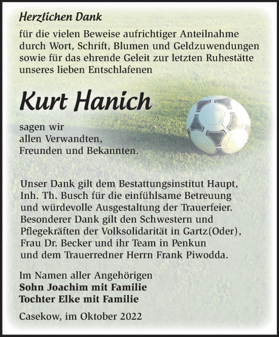 Traueranzeige von Kurt Hanich von Märkische Oderzeitung