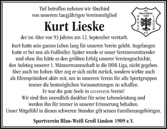 Traueranzeige von Kurt Lieske von Märkische Oderzeitung