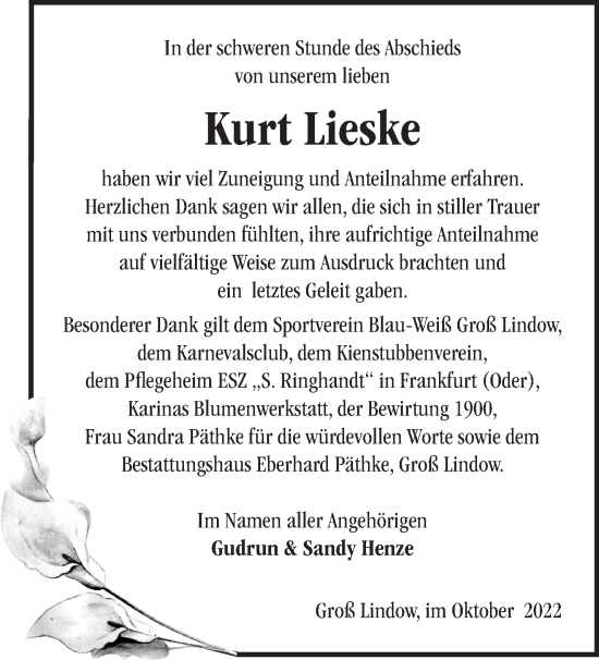 Traueranzeige von Kurt Lieske von Märkische Oderzeitung