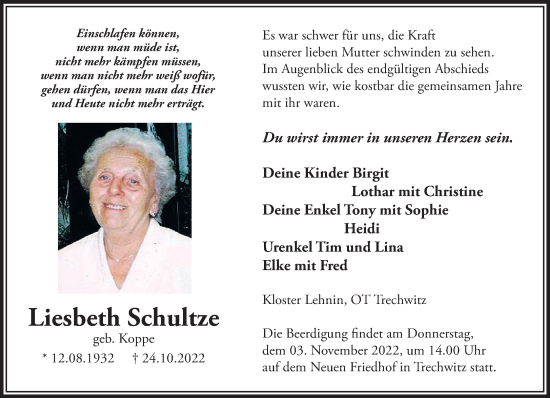 Traueranzeige von Liesbeth Schultze von Märkische Oderzeitung