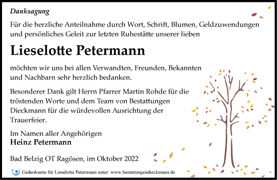 Traueranzeige von Lieselotte Petermann von Märkische Oderzeitung