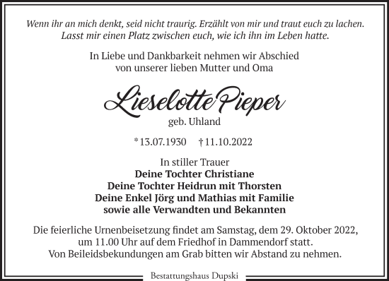 Traueranzeige von Lieselotte Pieper von Märkische Oderzeitung