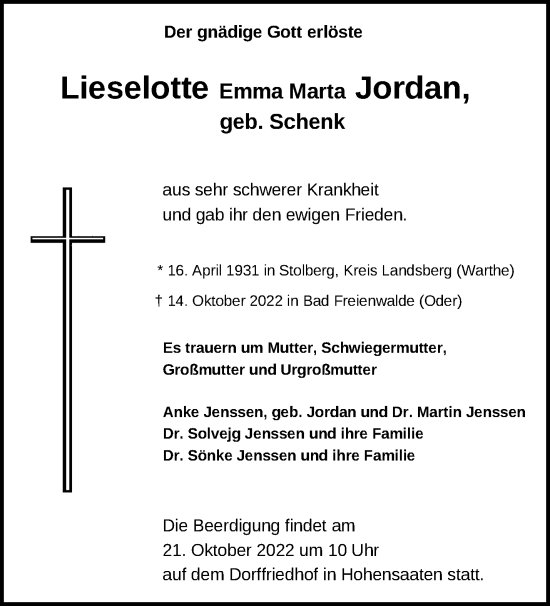 Traueranzeige von Lieselotte Emma Marta Jordan von Märkische Oderzeitung