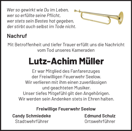 Traueranzeige von Lutz-Achim Müller von Märkische Oderzeitung