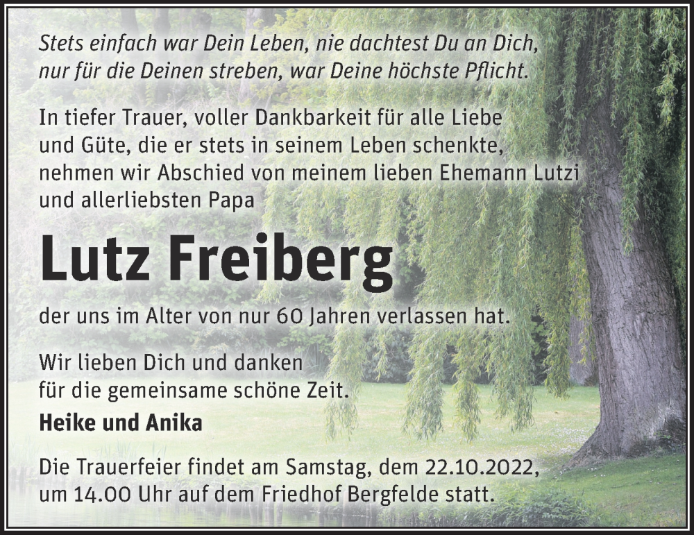  Traueranzeige für Lutz Freiberg vom 15.10.2022 aus Märkische Oderzeitung