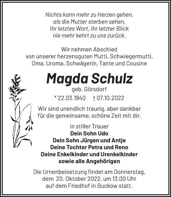 Traueranzeige von Magda Schulz von Märkische Oderzeitung